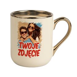 Kubek kawowy duży 330ml ze złotym uszkiem- beżowy- z...