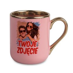 Kubek kawowy duży 330ml ze złotym uszkiem- różowy- z...