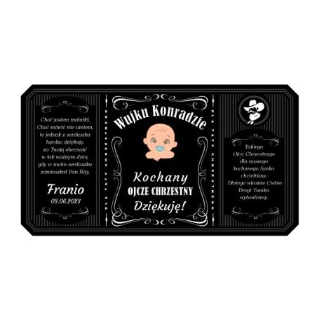Personalizowana etykieta na alkohol w stylu Jack Daniel's z podziękowaniami dla Rodziców Chrzestnych.