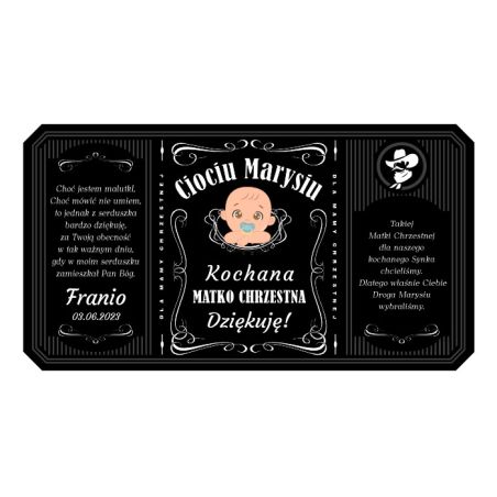Personalizowana etykieta na alkohol w stylu Jack Daniel's z podziękowaniami dla Rodziców Chrzestnych.