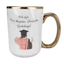 Kubek 450 ml biały ze złotym uszkiem, rantem oraz z grafiką 