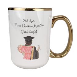 Kubek 450 ml biały ze złotym uszkiem, rantem oraz z grafiką 