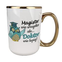 Kubek 450 ml biały ze złotym uszkiem, rantem oraz z grafiką  2