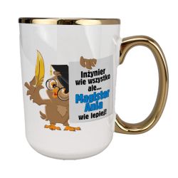 Kubek 450 ml biały ze złotym uszkiem, rantem oraz z grafiką 