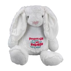 Królik ok. 34 cm z wyciąganym brzuszkiem oraz z nadrukiem...