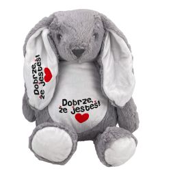 Królik ok. 34 cm z wyciąganym brzuszkiem oraz z nadrukiem...