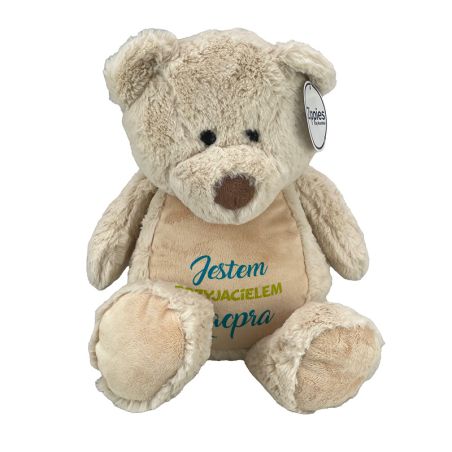 Beżowy miś ok. 32 cm z wyciąganym brzuszkiem oraz z nadrukiem: Miś przyjaciel dziecka - zmień imię.