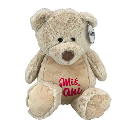 Beżowy miś ok. 32 cm z wyciąganym brzuszkiem oraz z nadrukiem: "Miś + imię"