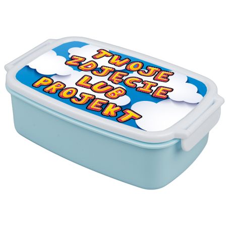 Pudełko na kanapki - śniadaniówka z Twoim zdjęciem, projektem- pudrowa niebieska z zapięciami oraz przegródką.