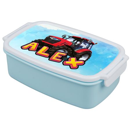 Pudełko na kanapki - śniadaniówka "Traktory"- wybierz swój wzór- pudrowa niebieska z zapięciami oraz przegródką.