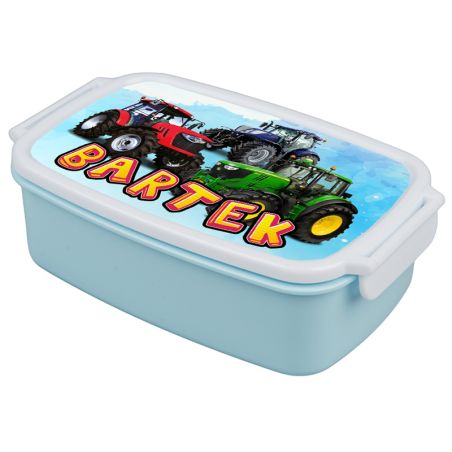 Pudełko na kanapki - śniadaniówka "Traktory"- wybierz swój wzór- pudrowa niebieska z zapięciami oraz przegródką.