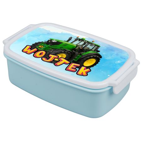 Pudełko na kanapki - śniadaniówka "Traktory"- wybierz swój wzór- pudrowa niebieska z zapięciami oraz przegródką.