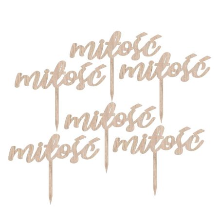 Dekoracyjne malutkie topperki z napisem "miłość"- piękna dekoracja ślubna na słodki stół- eko ze sklejki.