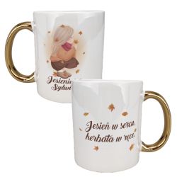 Kubek 330 ml biały ze złotym uszkiem oraz z grafiką...