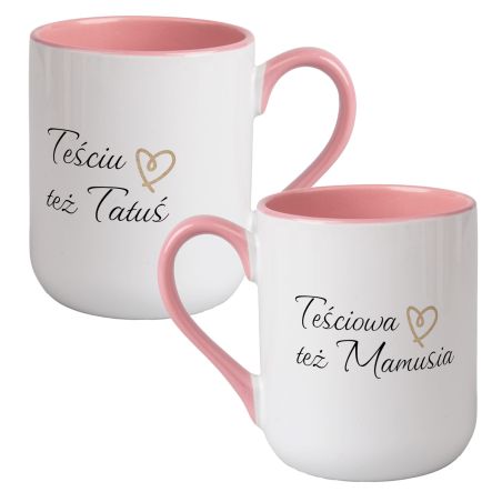 Zestaw kubków kawowych dużych kolorowych- "Teściowa też Mamusia, Teściu też Tatuś".