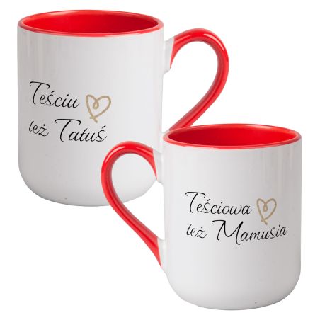 Zestaw kubków kawowych dużych kolorowych- "Teściowa też Mamusia, Teściu też Tatuś".