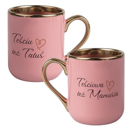 Zestaw kubków kawowych dużych ze złotym uszkiem - "Teściowa też mamusia", "Teściu też tatuś".