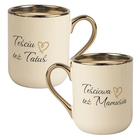Zestaw kubków kawowych dużych ze złotym uszkiem - "Teściowa też mamusia", "Teściu też tatuś".