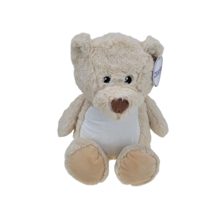 Beżowy miś ok. 32 cm z wyciąganym brzuszkiem oraz z nadrukiem: Kocham Cię jak misio miodek.